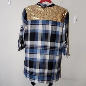E2 PLAID‎ and gold sequin back asymmetrical hem jacket wrap size medium